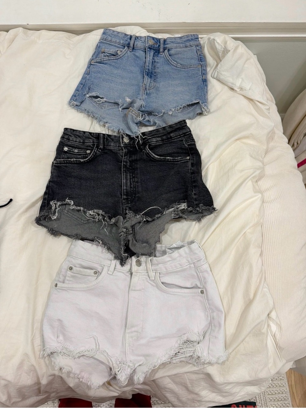 High-Rise Distressed Denim Shorts - Blue, Black & White